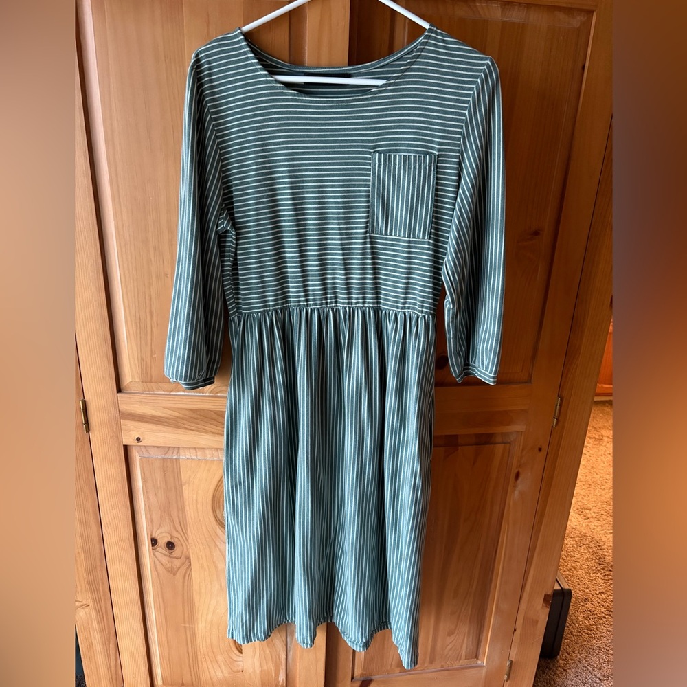 Green with white stripe dress with pockets